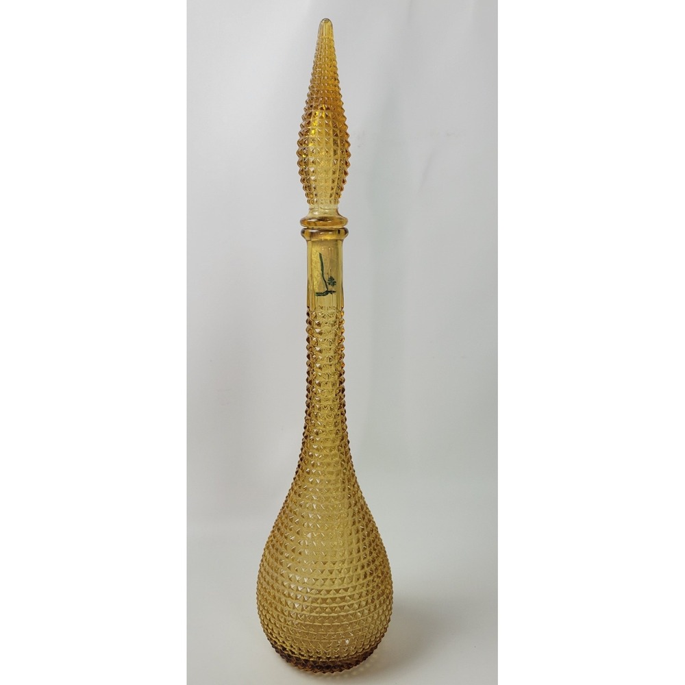 Vintage Empoli Amber Glass Genie Bottle Decanter with Stopper Italian 21.5" MCM